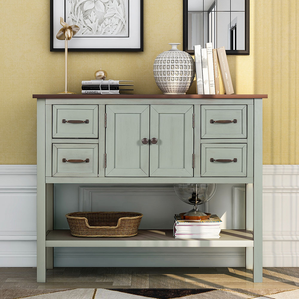 U-STYLE 43'' Modern Console Table, with 4 Drawers, 1 Cabinet and 1 Shelf, for Entrance Hallway, Dining Room, Kitchen - Green