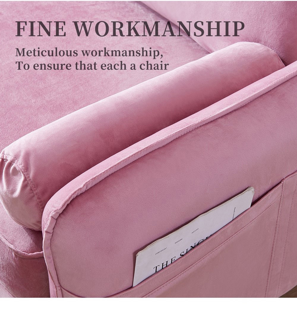 71" Velvet Fabric Upholstered Sofa with Armrest Pocket for Living Room, Bedroom, Office, Apartment - Pink