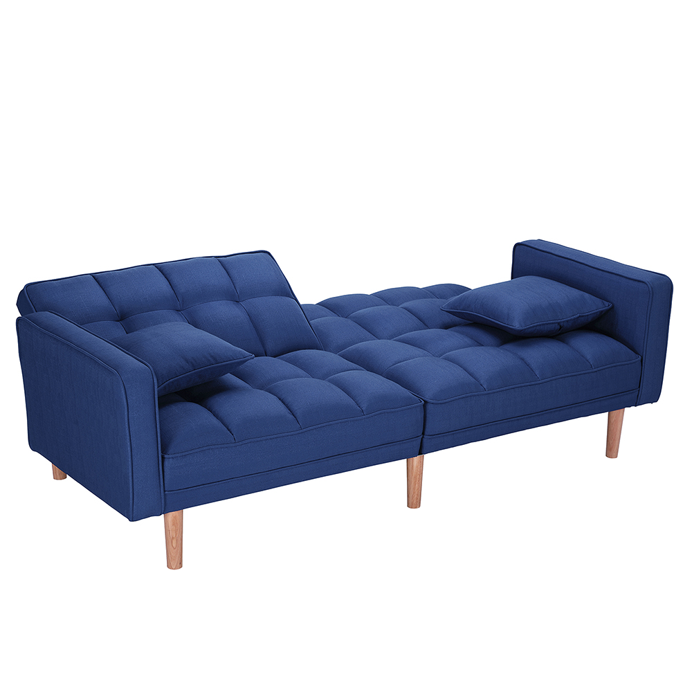 75" 2-seat Linen Upholstered Sofa Bed with 2 Pillows, Backrest, Armrests, and Solid Wood Feet, for Living Room, Bedroom, Office, Apartment - Navy Blue
