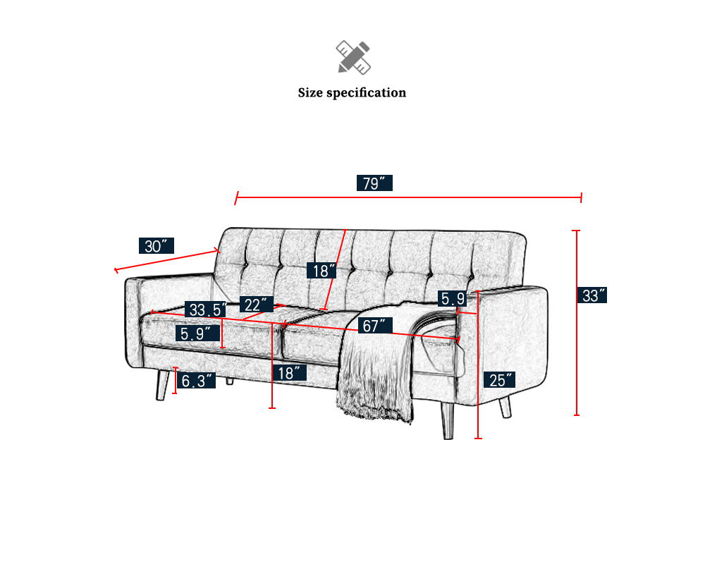 3-Seat Polyester Fabric Upholstered Sofa with Solid Wood Legs and Ergonomic Backrest for Living Room, Bedroom, Office, Apartment - Gray