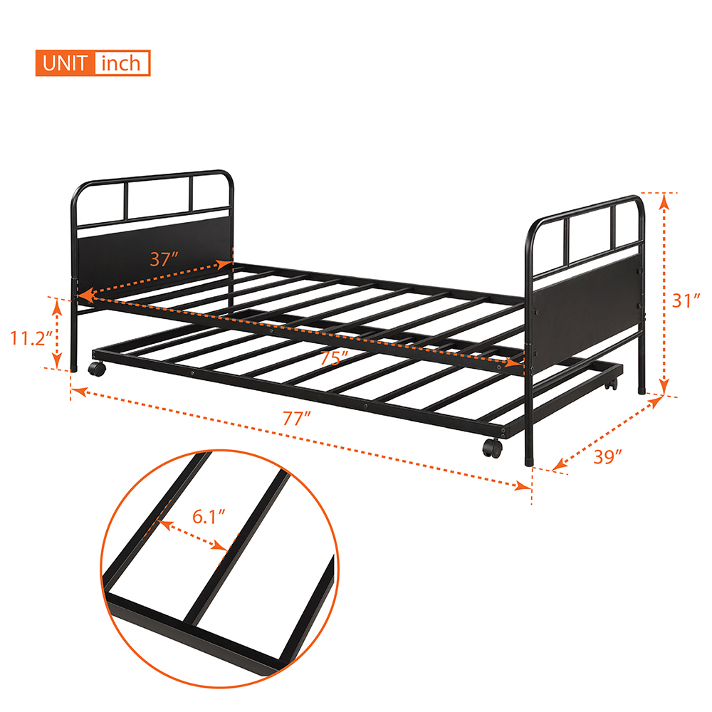 Twin Size Metal Daybed Frame with Trundle Bed and Metal Slats Support, No Need for Spring Box, for Living Room, Bedroom, Office, Apartment - Black