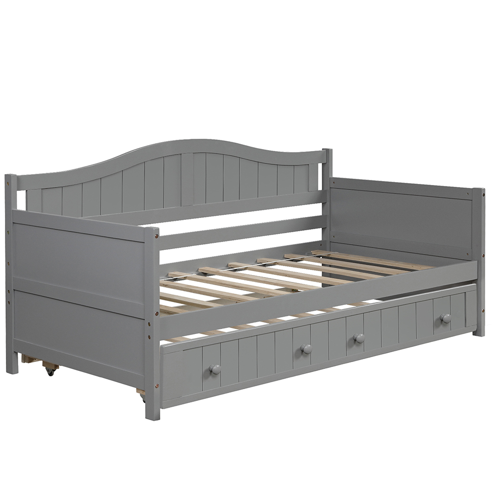 Twin-Size Wooden Platform Daybed Frame with Trundle Bed and Wooden Slats Support - Gray