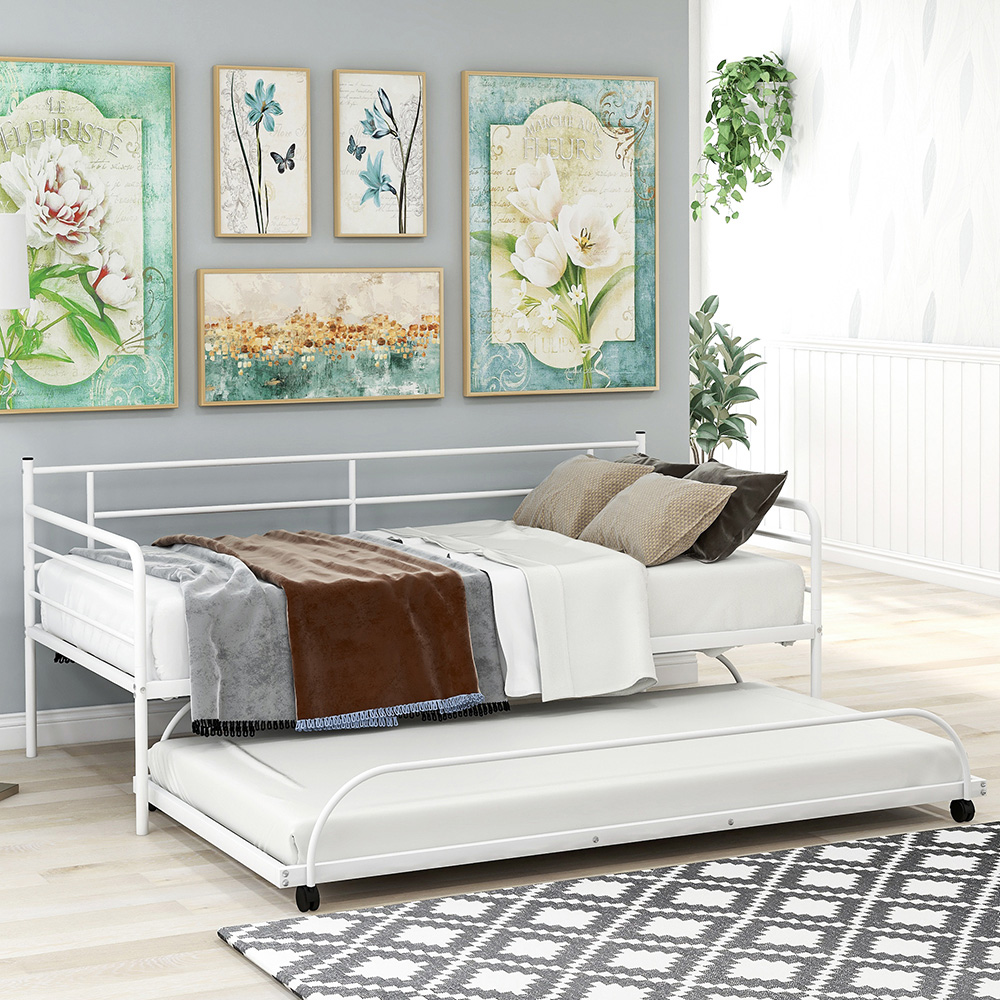 Twin Size Metal Daybed Frame with Trundle Bed and Metal Slats Support, No Need for Spring Box, for Living Room, Bedroom, Office, Apartment - White