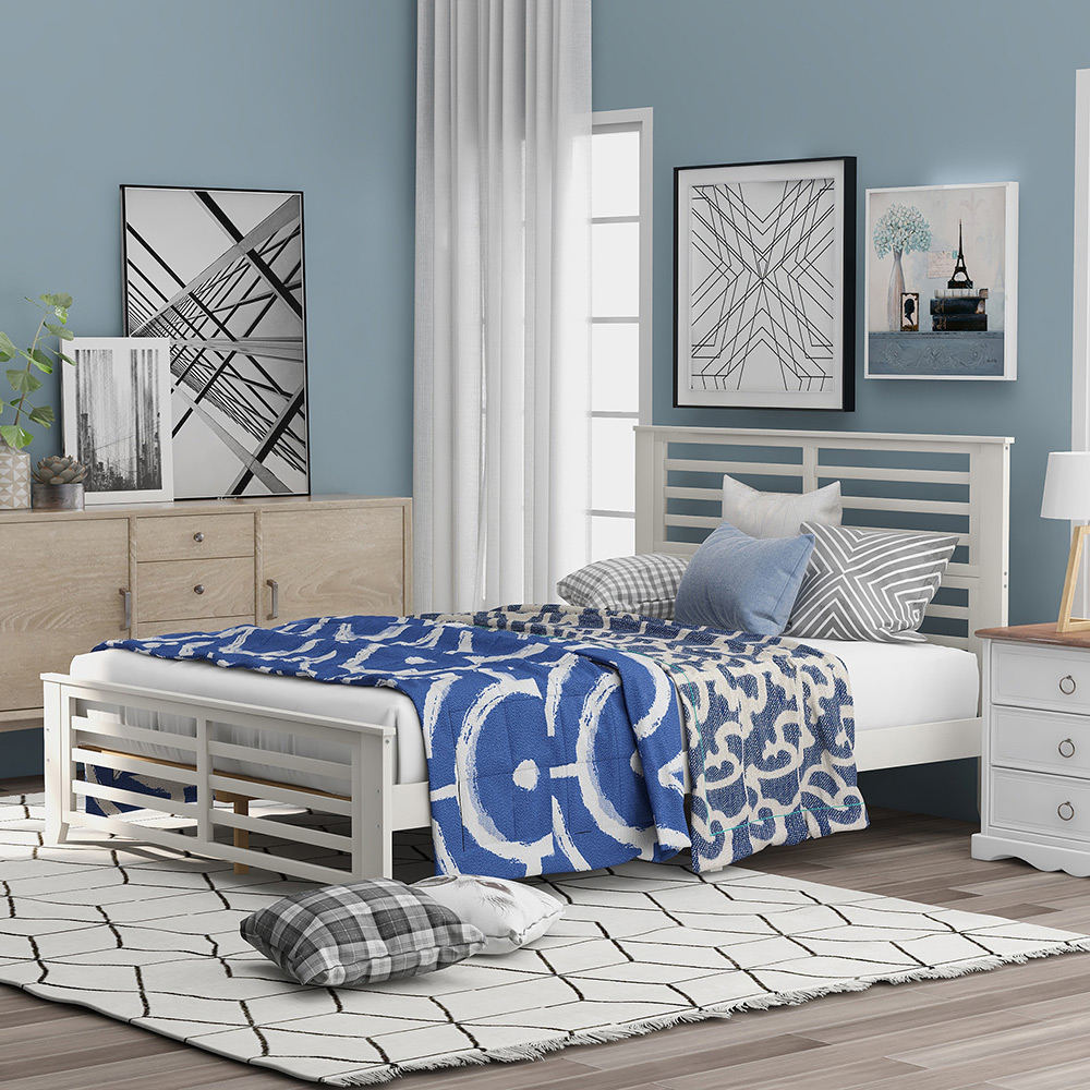 Full-Size Wooden Platform Bed Frame with Hollow Shape Horizontal Strip and Wooden Slats Support - White