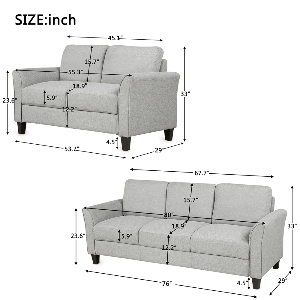 2+3-Seat Linen Fabric Upholstered Sofa Set, with Pillows and Wooden Feet, for Living Room, Bedroom, Office, Apartment - Light Gray