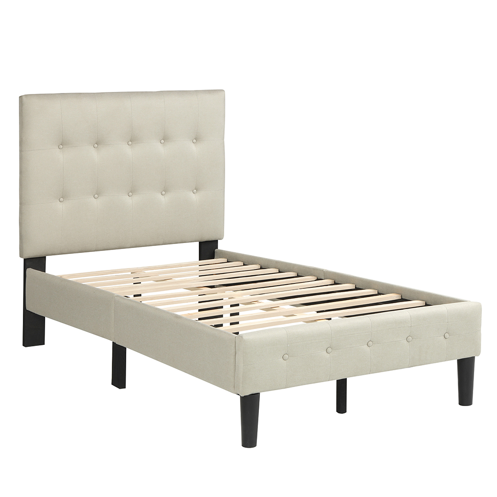 Twin Size Upholstered Platform Bed Frame with Tufted Headboard, Footboard, and Wooden Slats Support, No Spring Box Required (Frame Only) - Beige