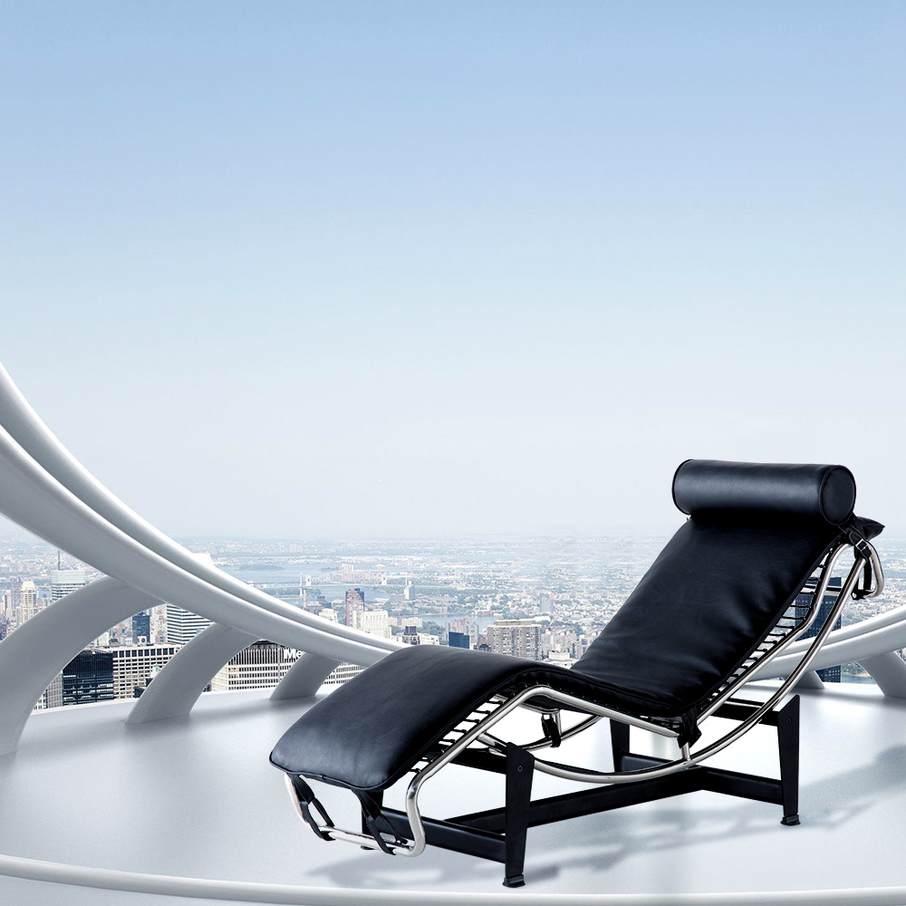 Le Corbusier LC-4 Style Recliner, Stainless Steel Frame with Adjustable Headrest, for Hotel, Club, Villa, Living Room, Lounge - Black