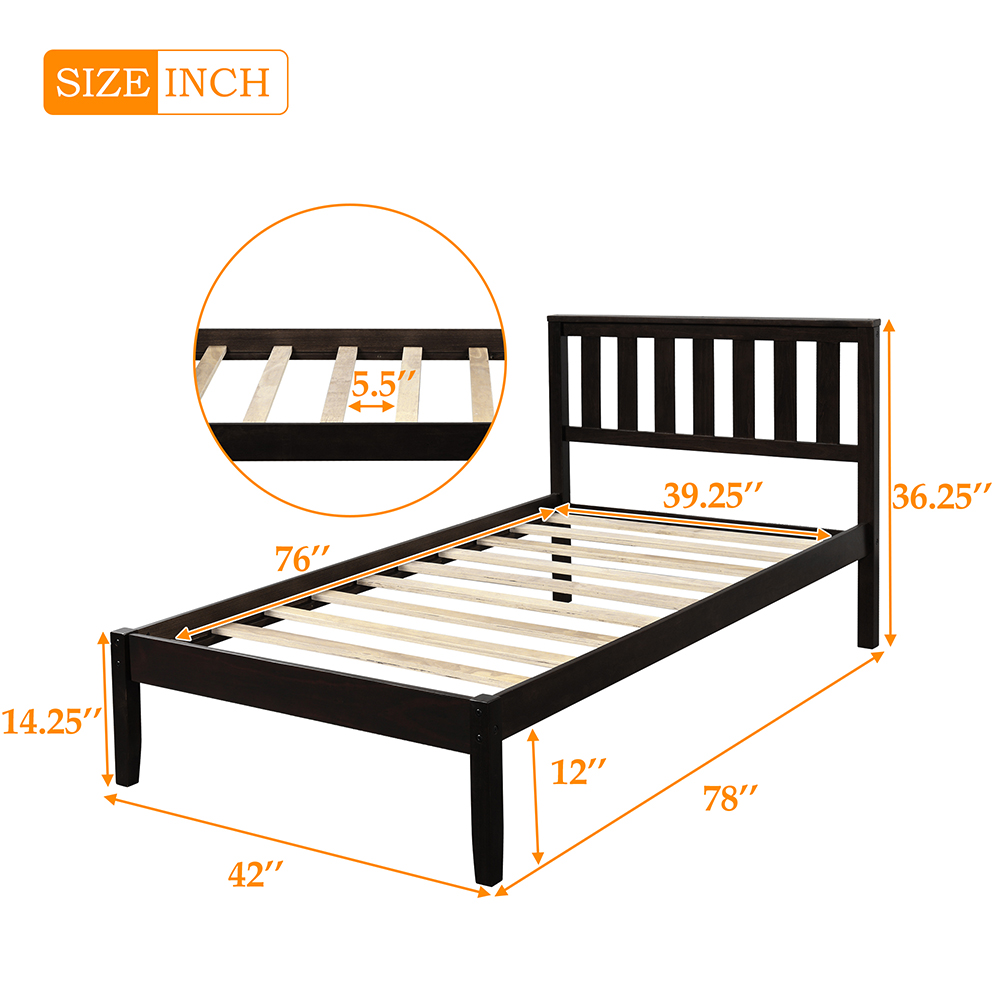 Twin-Size Wooden Platform Bed Frame with Headboard and Wooden Slat Support - Espresso