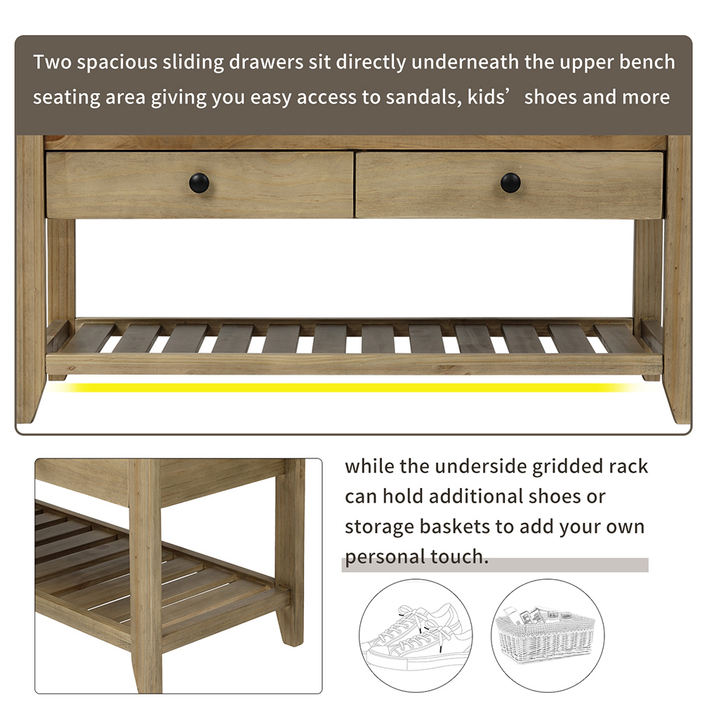TREXM 39'' Console Bench with 2 Storage Drawers and Mesh Shoe Shelf, for Entrance Hallway, Dining Room, Bedroom - Gray Washed