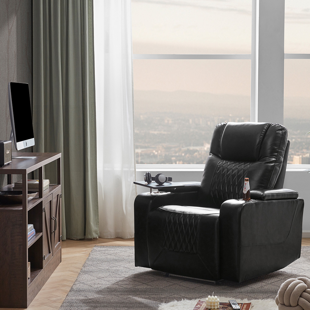 Orisfur PU Leather Electric Recliner with USB Charging Port, 2 Cup Holders, and Hidden Arm Storage for Home Theater, Office, Living Room - Black