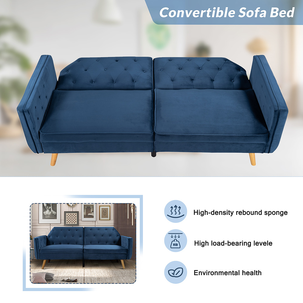 Orisfur 2-Seat Velvet Upholstered Sofa Bed with Wooden Legs and Backrest, for Living Room, Bedroom, Office, Apartment - Blue