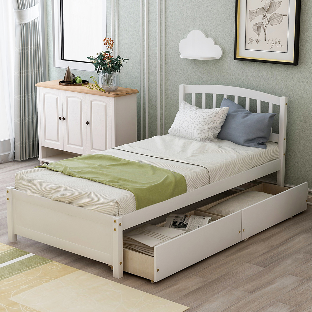 Twin Size Wooden Platform Bed Frame with 2 Storage Drawers, and Wooden Slats Support, No Spring Box Required (Frame Only) - White