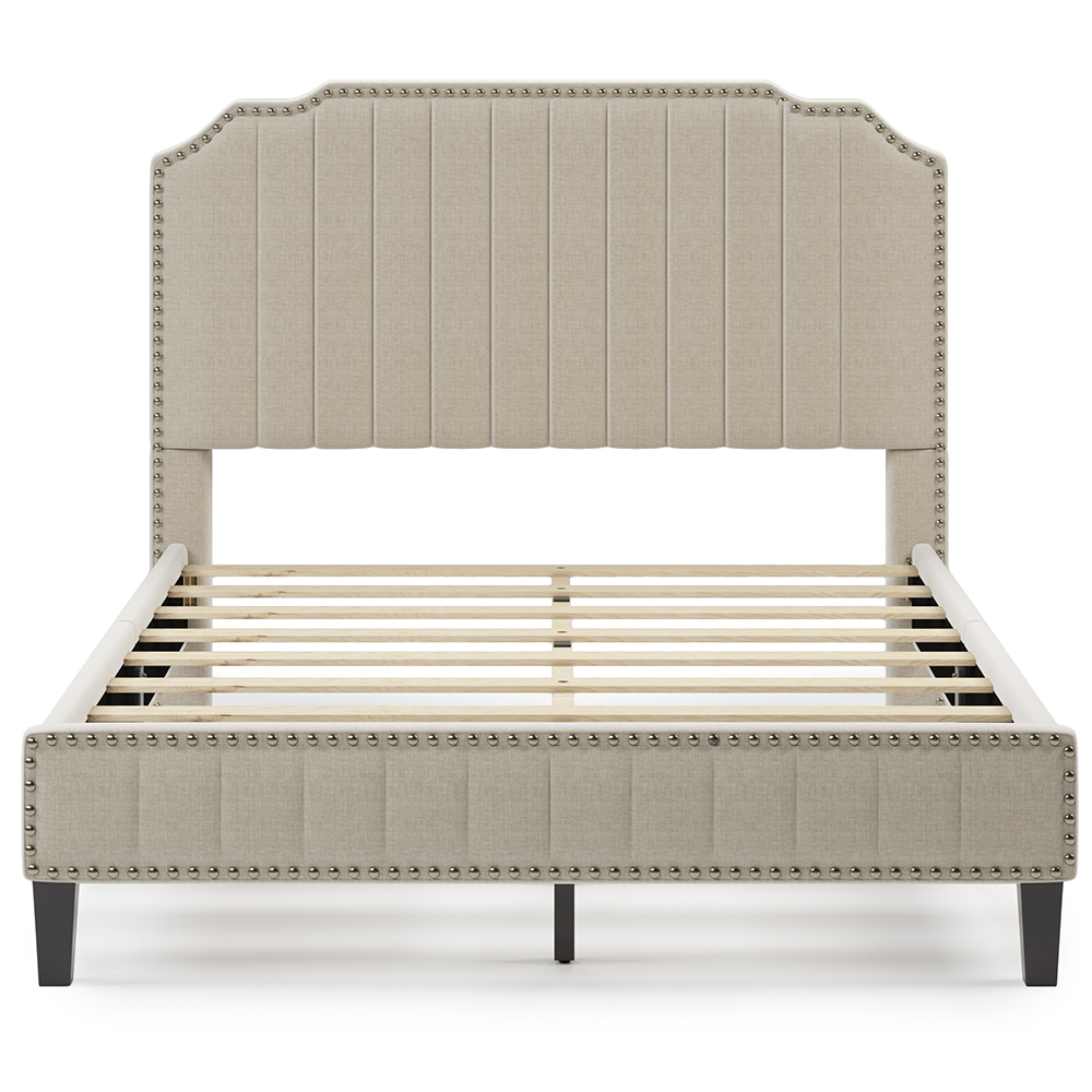 Full Size Solid Wooden Upholstered Bed Frame with Linen Headboard and Nailhead Trim - Cream
