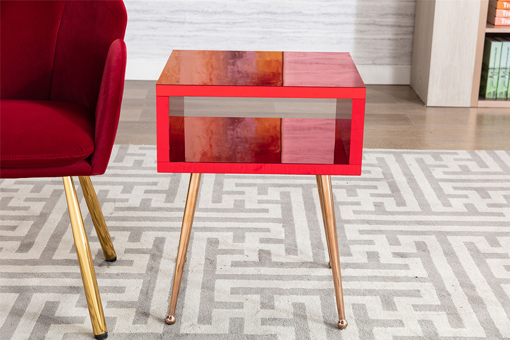COOLMORE Mirror Bedside Table End Table with Metal High Legs for Living Room, Bedroom, Office, Dressing Room - Red