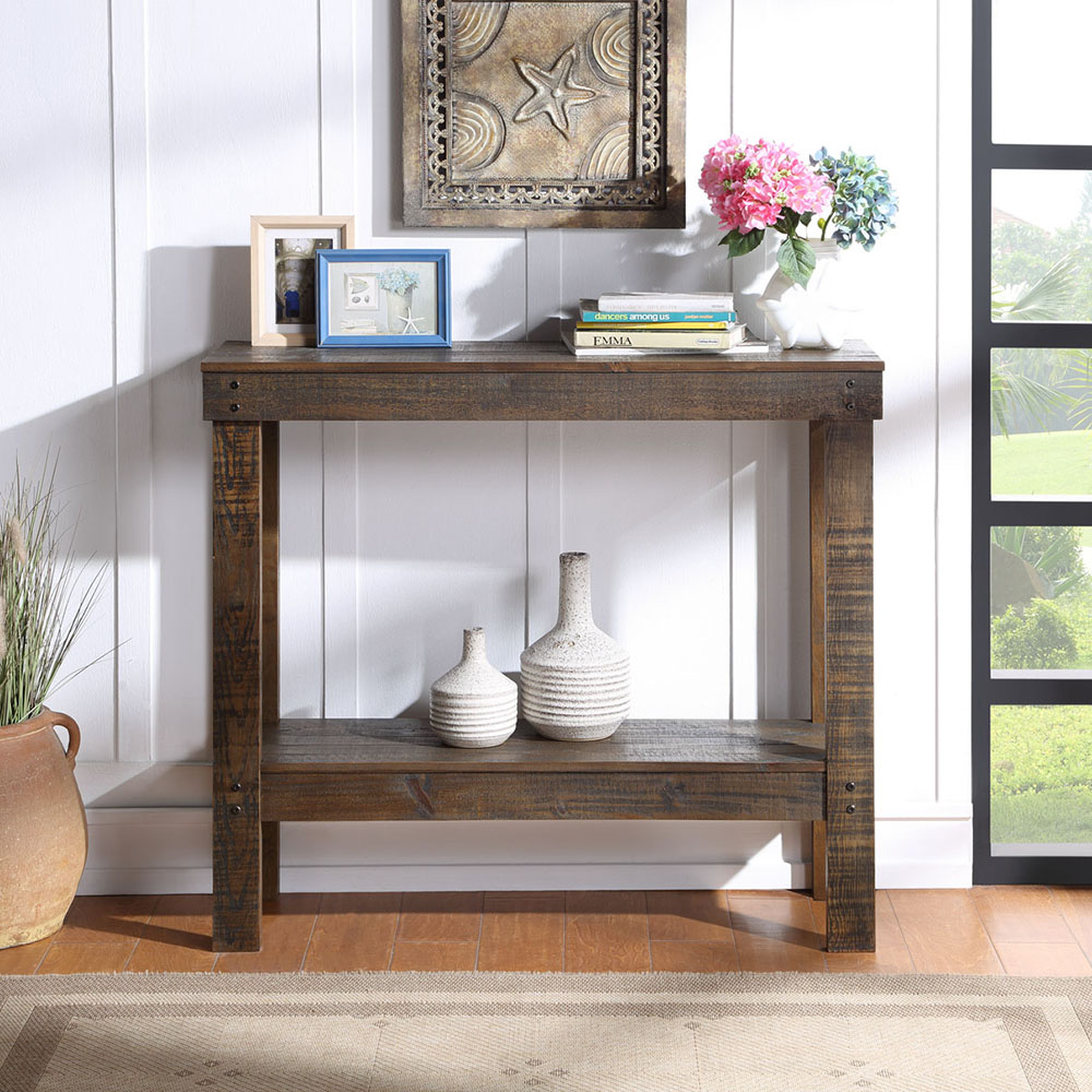 U-STYLE 39" Rustic Console Table with Bottom Shelf, for Entrance, Hallway, Dining Room, Kitchen - Brown