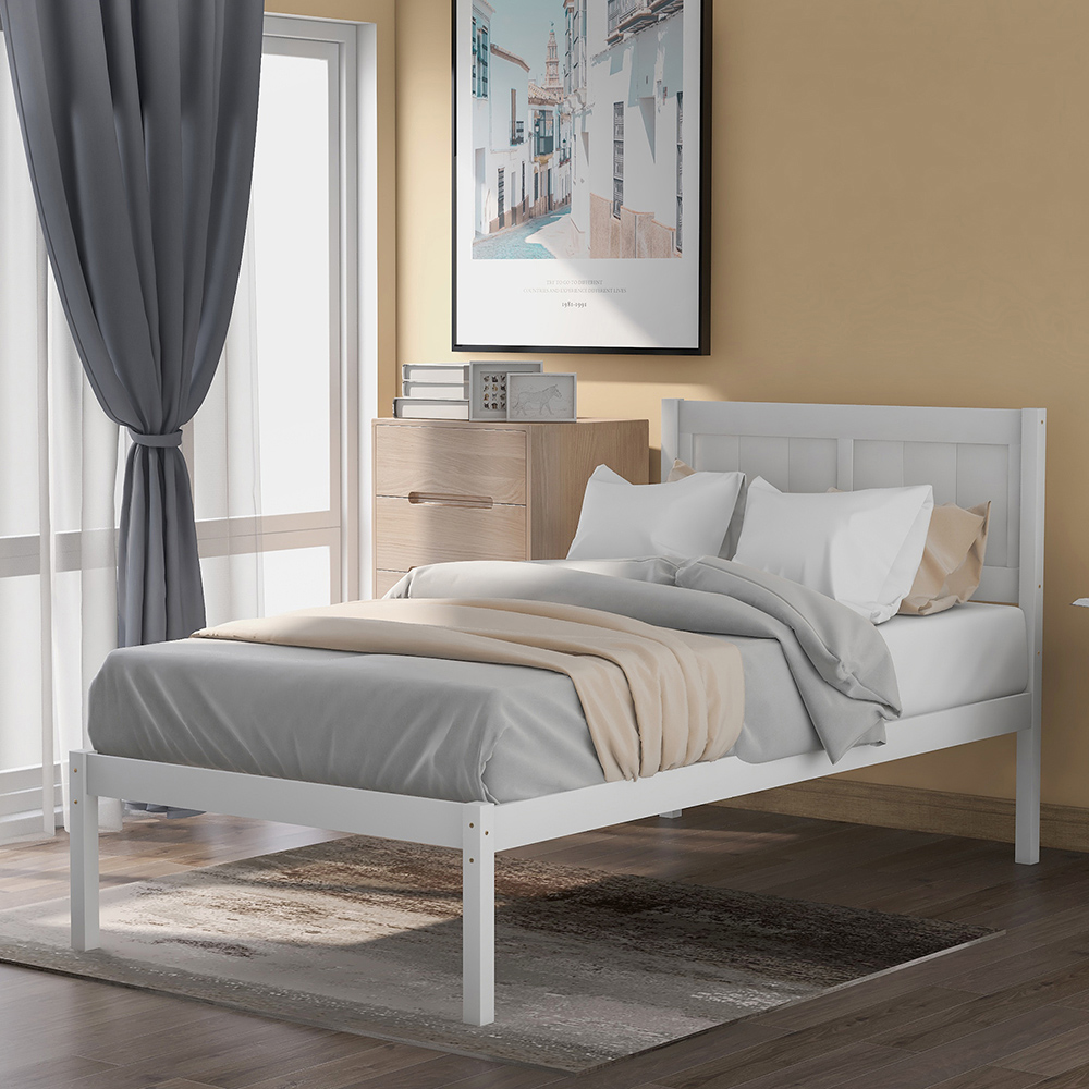 Twin Size Wooden Platform Bed Frame with Headboard, and Wooden Slats Support, No Spring Box Required - White