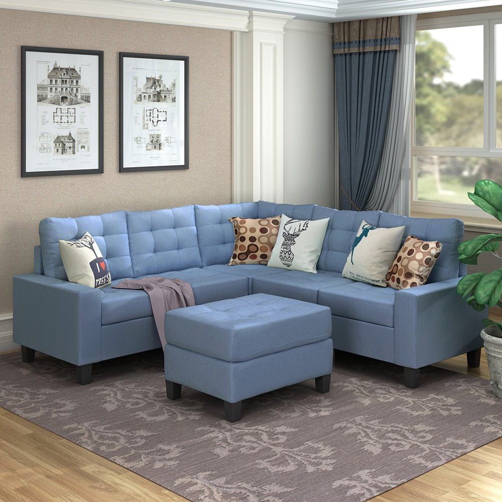 U-STYLE 5-Seat L-shaped Corner Polyester Tufted Upholstered Sofa with 2 Pillows and Ottoman, for Living Room, Bedroom, Office, Apartment - Blue