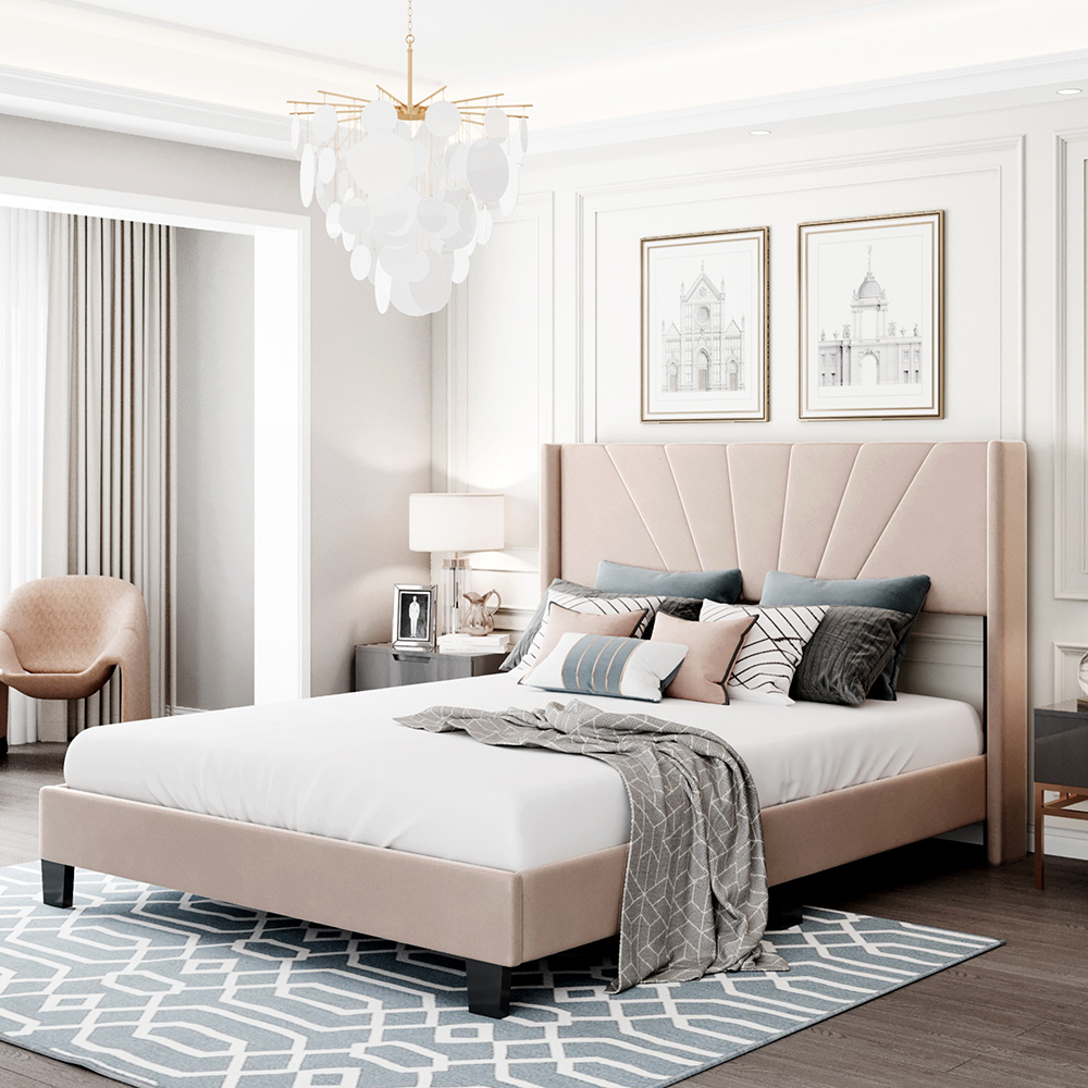 Queen-Size Velvet Upholstered Platform Bed Frame with Headboard and Wooden Slat Support - Beige