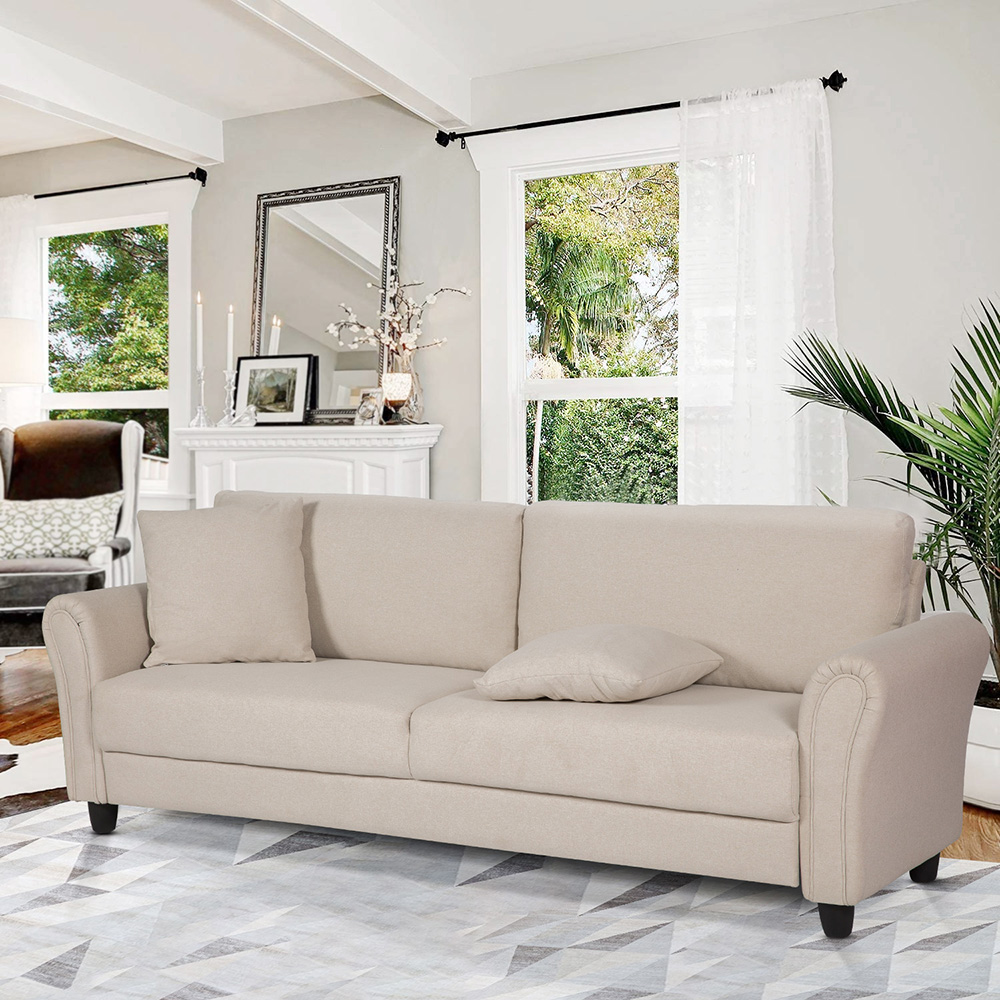 3-Seat Microfiber Upholstered Sofa, with Integrated Seat Cushion and Solid Wood Frame, for Living Room, Bedroom, Office, Apartment - Beige