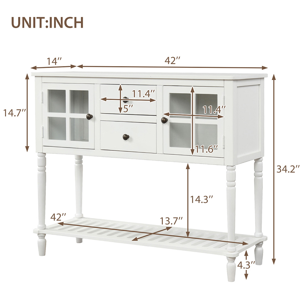 TREXM 42'' Console Table with 2 Storage Drawers, 2 Cabinets, and Bottom Shelf, for Entrance, Hallway, Dining Room, Kitchen - White