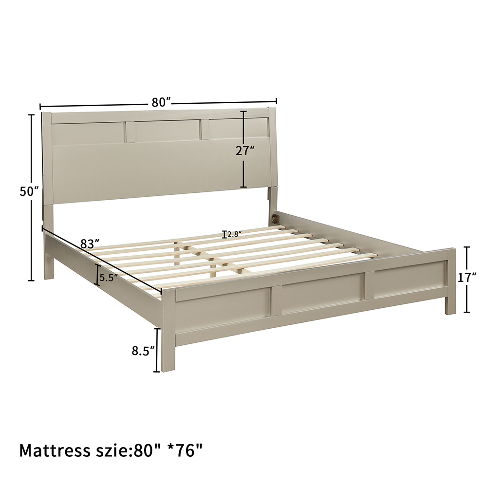 King Size Wooden Platform Bed Frame with Headboard, and Wooden Slats Support, No Spring Box Required - Silver