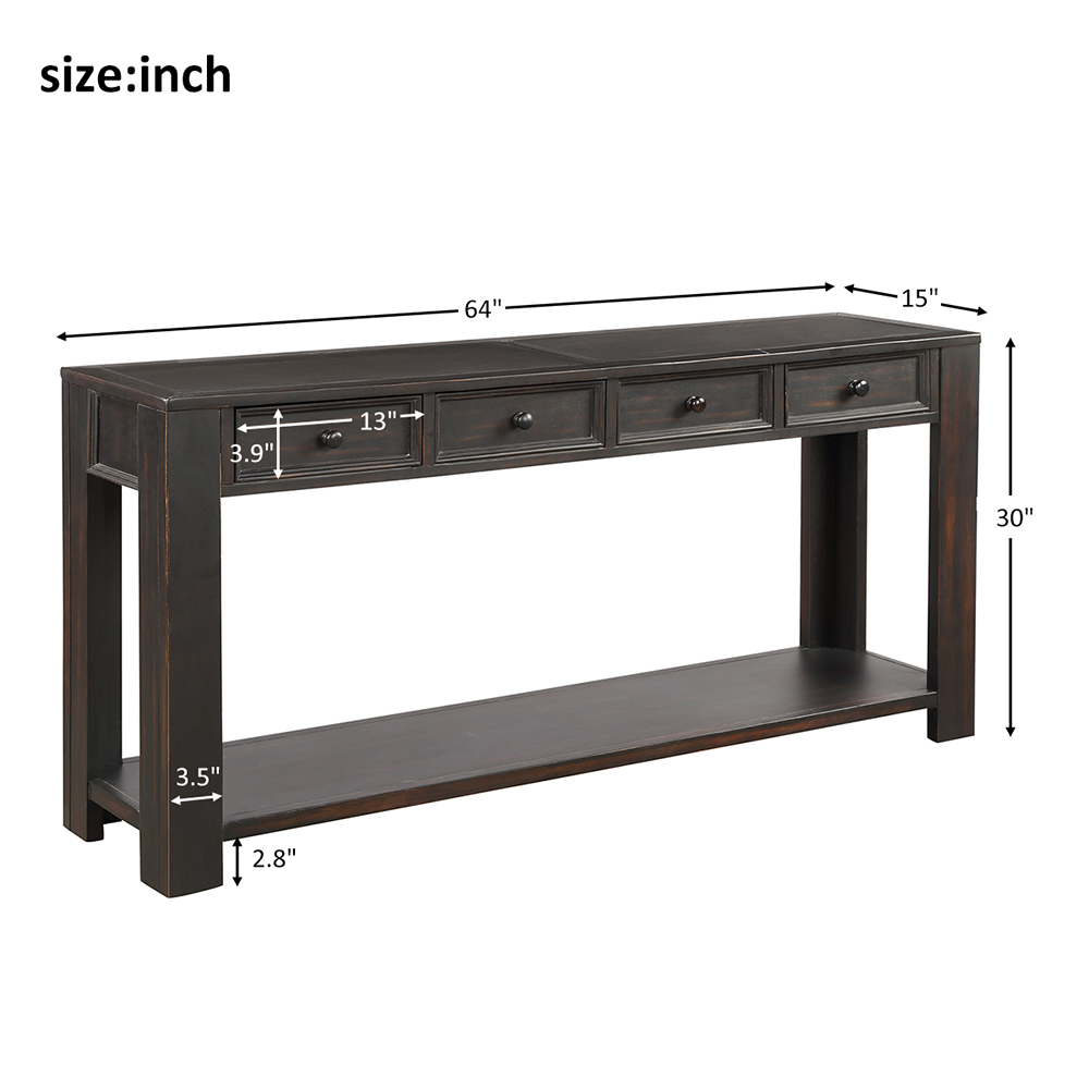 TREXM 64'' Console Table with 4 Storage Drawers and Bottom Shelf, for Entrance Hallway, Dining Room, Bedroom - Black