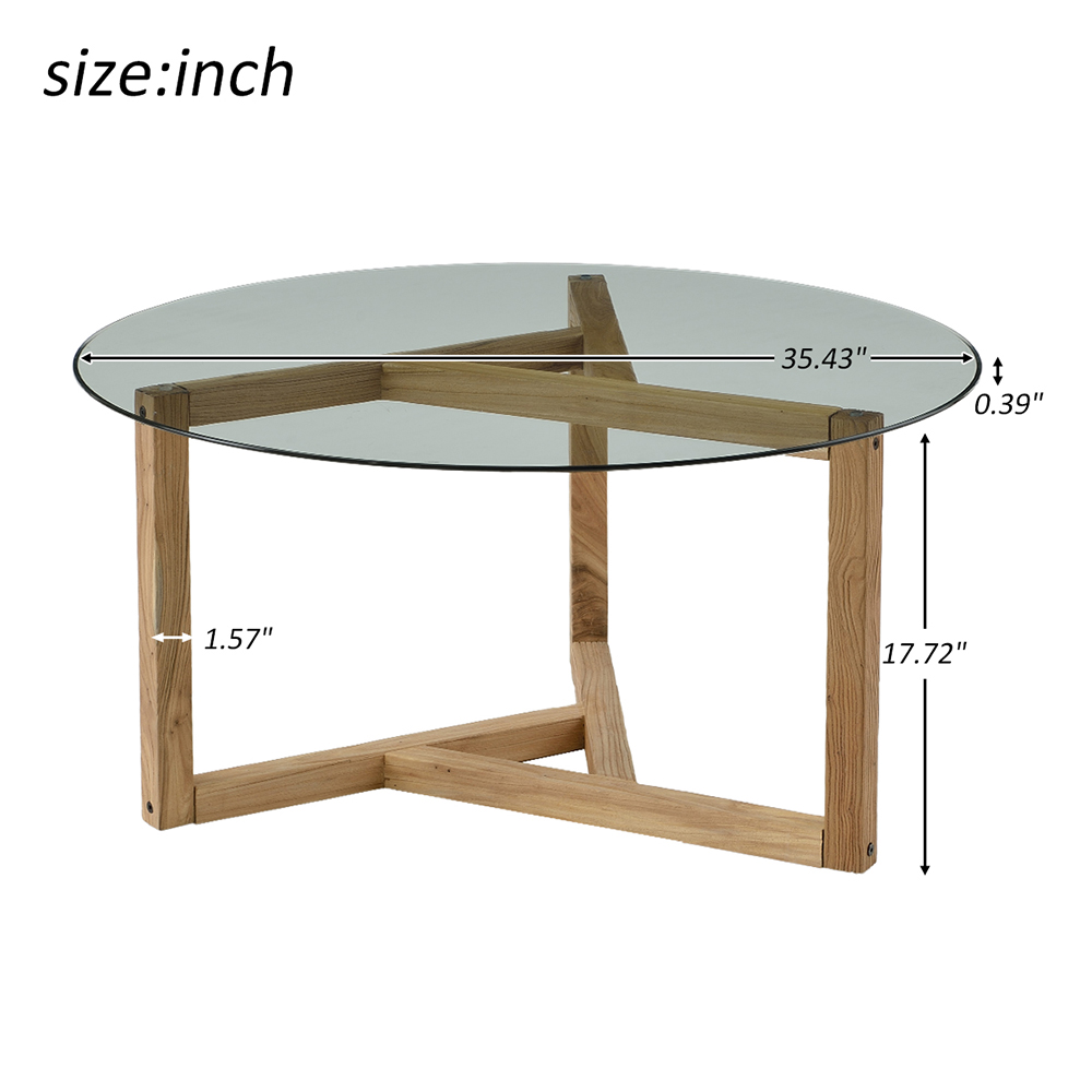TREXM 35" Round Tempered Glass Coffee Table with Wood Base, for Kitchen, Restaurant, Office, Living Room, Cafe - Oak