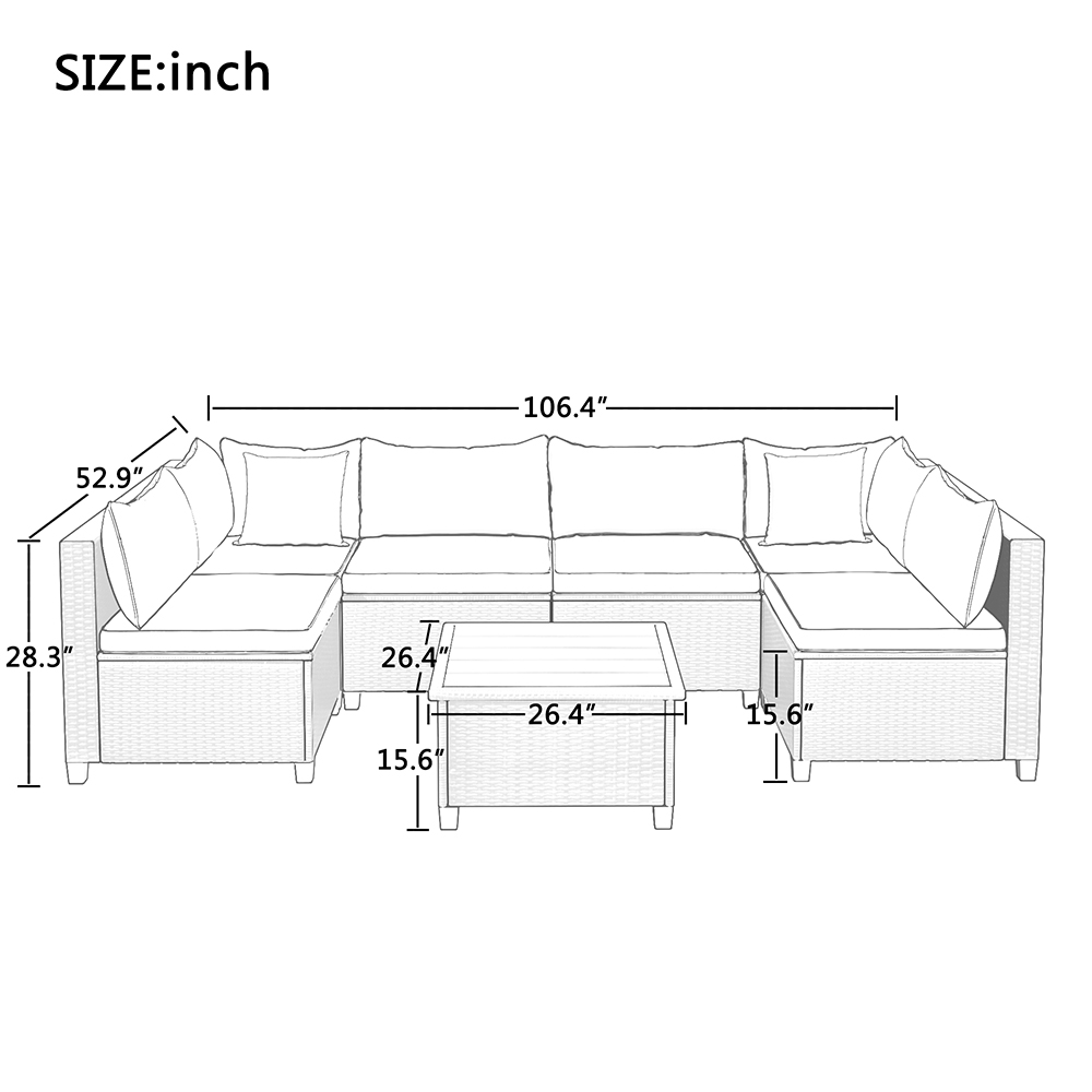 U-STYLE 6-Seat Rattan Wicker Sofa Set, with Coffee Table, Cushions and 2 Accent Pillows, for Outdoor, Courtyard, Terrace, Poolside - Beige