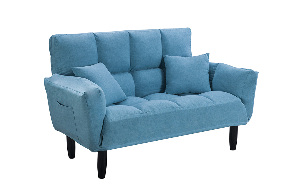 U-STYLE 2-Seat Twin Size Polyester Blended Tufted Sofa Bed with 2 Pillows and 2 Side Pockets, for Living Room, Bedroom, Office, Apartment - Blue