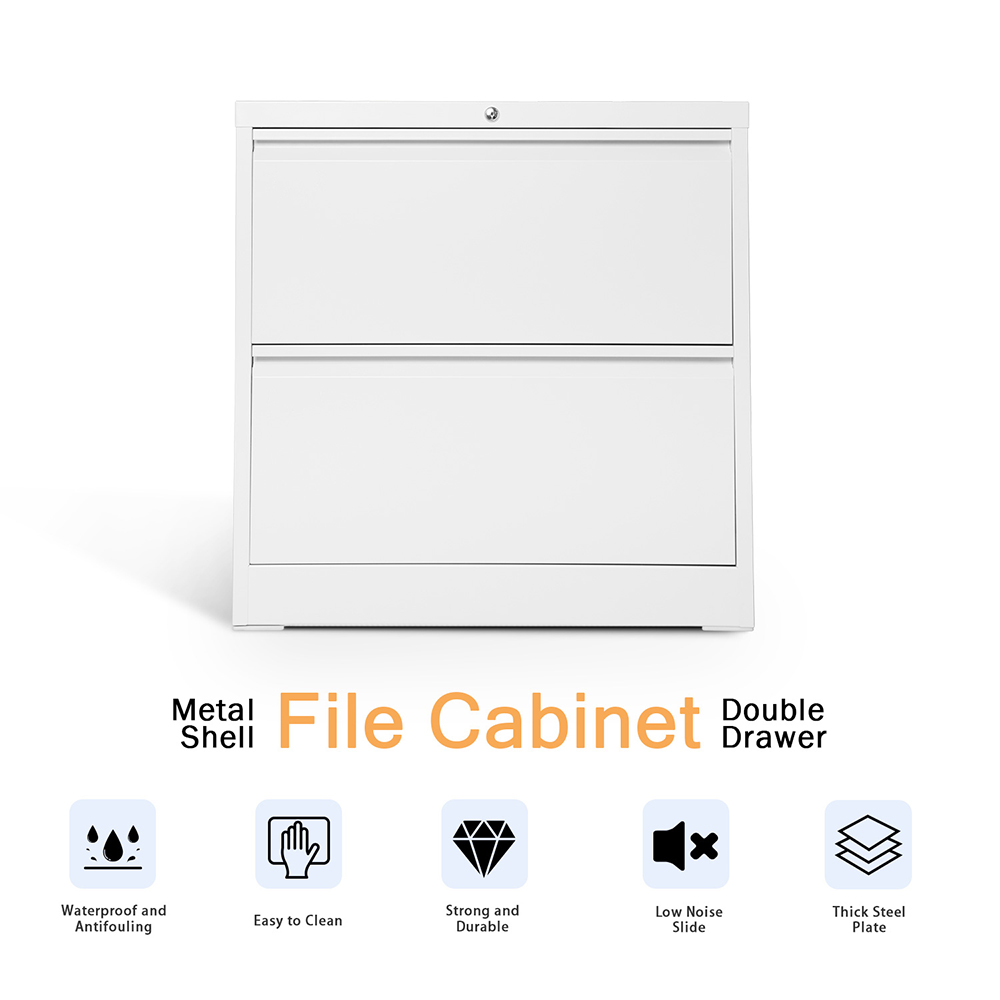 Home Office Lateral Metal Lockable File Cabinet with 2 Storage Drawers, for A4, Letter-Sized and Legal-Sized Hanging Documents - White