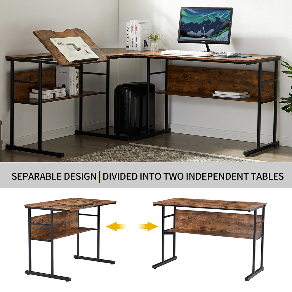 Home Office 67" L-Shaped Computer Desk with Tiltable Tabletop and Bottom Bookshelf - Tiger