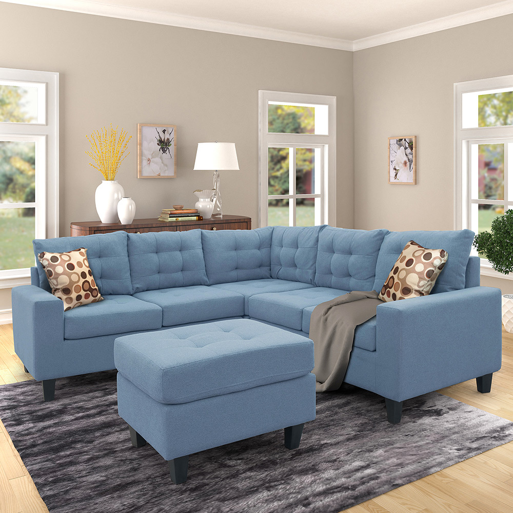U-STYLE 5-Seat L-shaped Corner Polyester Tufted Upholstered Sofa with 2 Pillows and Ottoman, for Living Room, Bedroom, Office, Apartment - Blue
