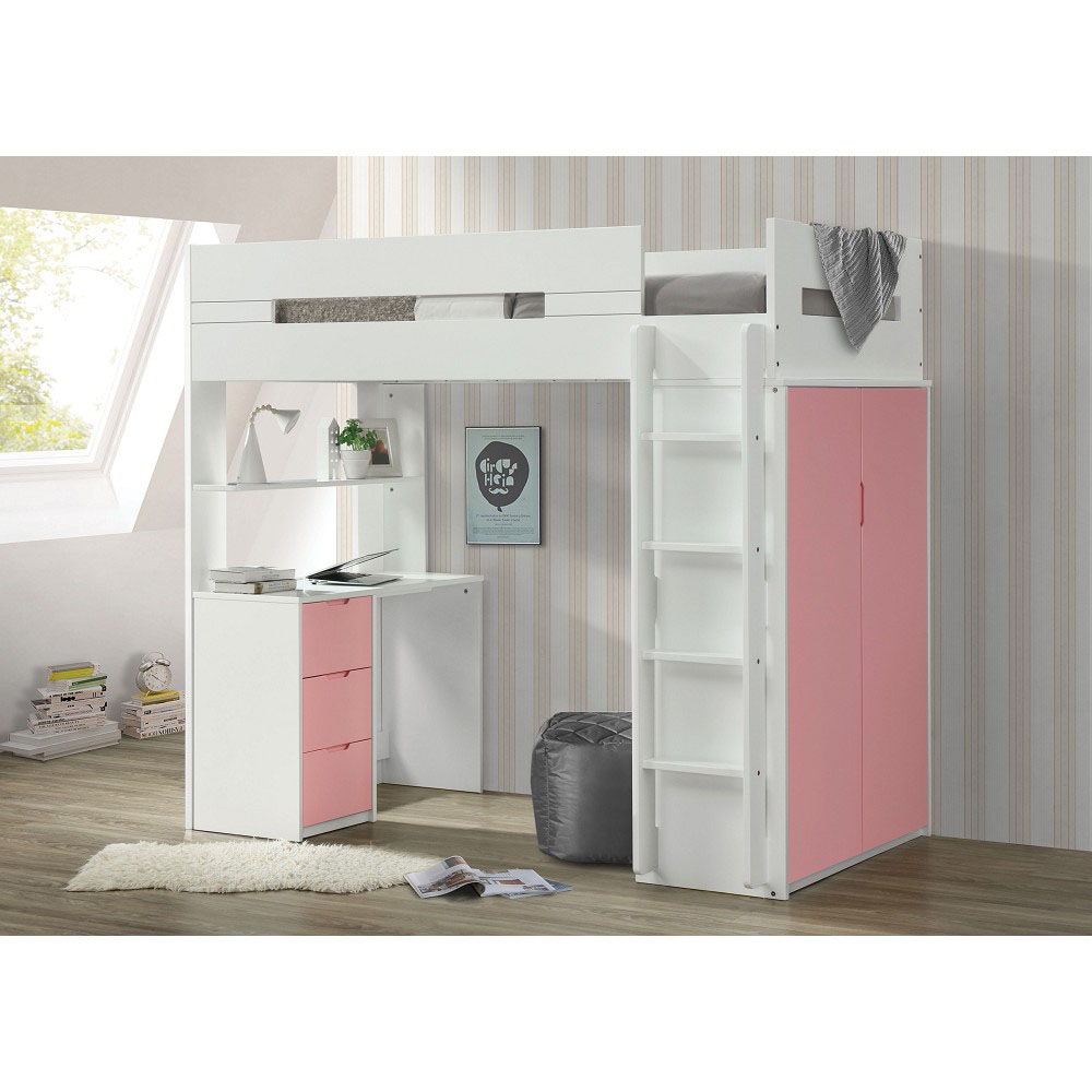 ACME Twin Size Wooden Loft Bed Frame with Desk and Storage Cabinet, Space-saving Design, No Need for Spring Box - White + Pink