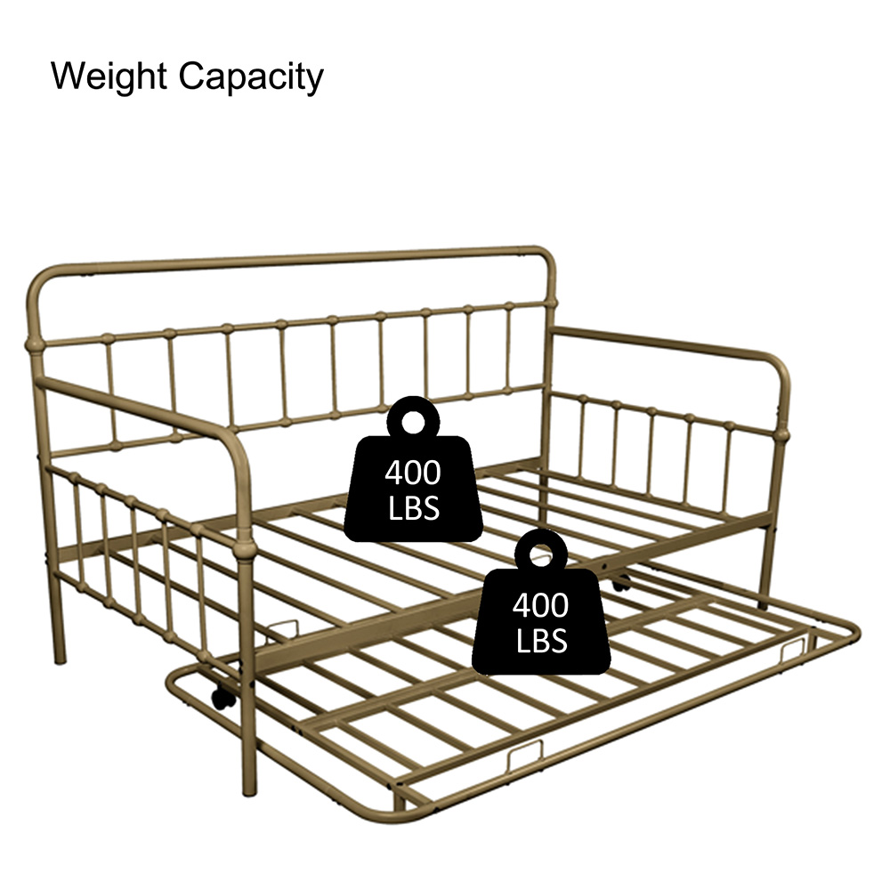 Twin Size Metal Daybed Frame with Trundle Bed and Metal Slats Support, No Need for Spring Box, for Living Room, Bedroom, Office, Apartment - Brass