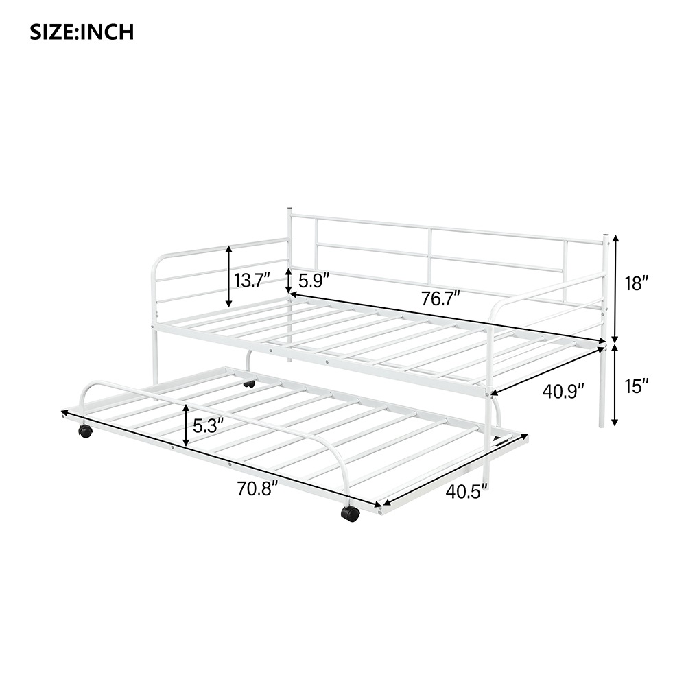 Twin Size Metal Daybed Frame with Trundle Bed and Metal Slats Support, No Need for Spring Box, for Living Room, Bedroom, Office, Apartment - White