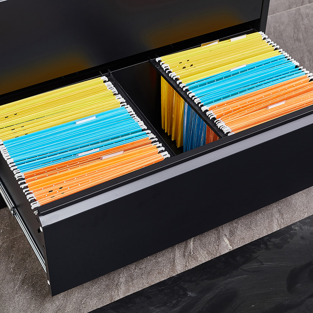 Home Office Lateral Metal Lockable File Cabinet with 3 Storage Drawers, for A4, Letter Sized and Legal Sized Hanging Documents - Black