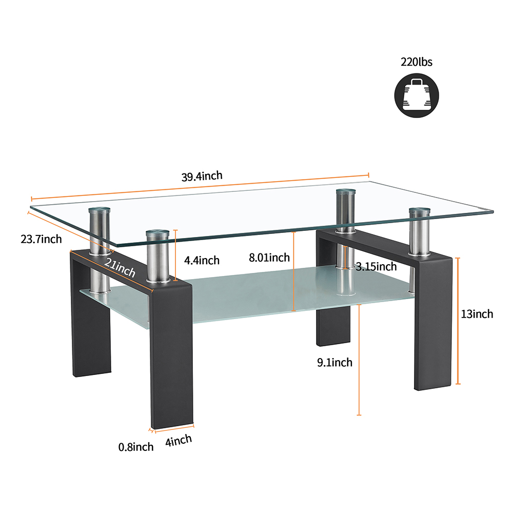 39.4'' 2-Layer Rectangle Glass Coffee Table, for Kitchen, Restaurant, Office, Living Room, Cafe - Black
