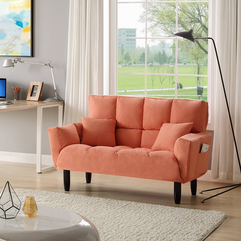 U-STYLE 2-Seat Twin Size Polyester Blended Tufted Sofa Bed with 2 Pillows and 2 Side Pockets, for Living Room, Bedroom, Office, Apartment - Orange