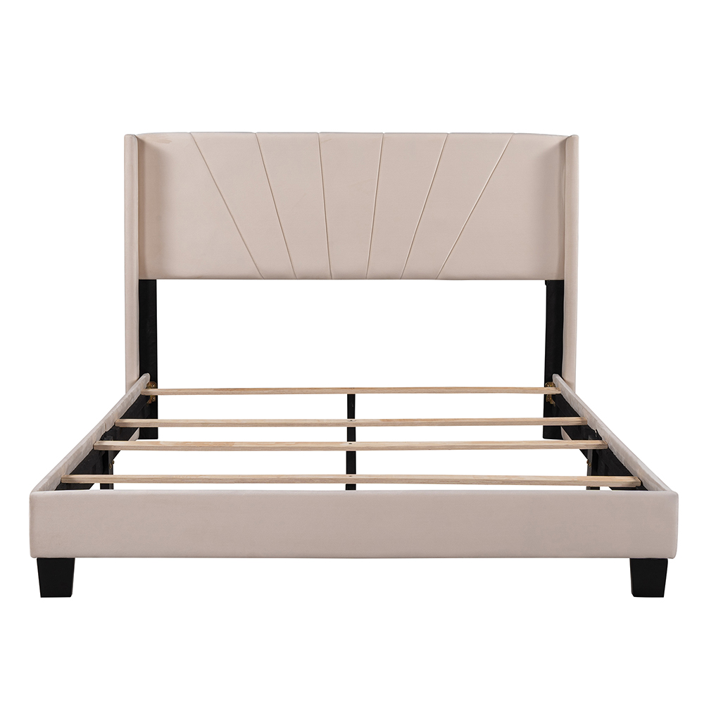 Queen-Size Velvet Upholstered Platform Bed Frame with Headboard and Wooden Slat Support - Beige