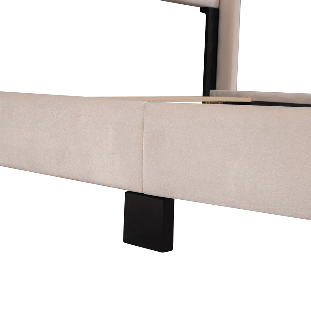 Queen-Size Velvet Upholstered Platform Bed Frame with Headboard and Wooden Slat Support - Beige
