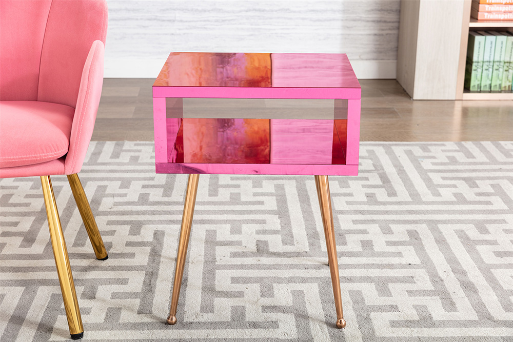 COOLMORE Mirror Bedside Table End Table with Metal High Legs for Living Room, Bedroom, Office, Dressing Room - Peach