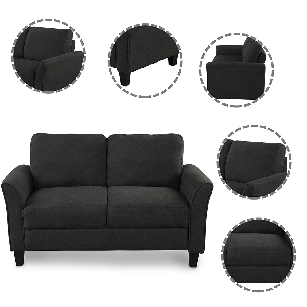2-Seat Linen Fabric Sofa with Wooden Frame and Plastic Feet, for Living Room, Bedroom, Office, Apartment - Black