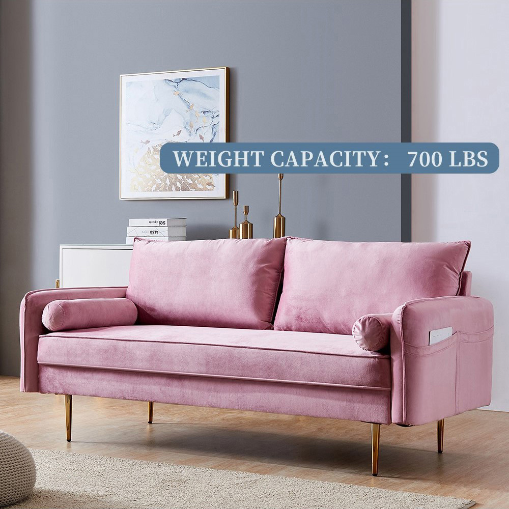 71" Velvet Fabric Upholstered Sofa with Armrest Pocket for Living Room, Bedroom, Office, Apartment - Pink