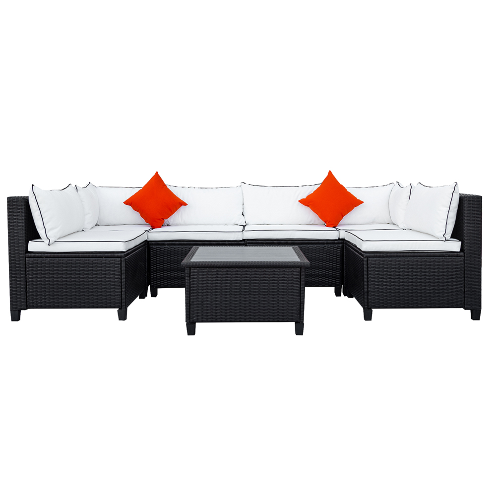 U-STYLE 6-Seat Rattan Wicker Sofa Set, with Coffee Table, Cushions and 2 Accent Pillows, for Outdoor, Courtyard, Terrace, Poolside - Beige