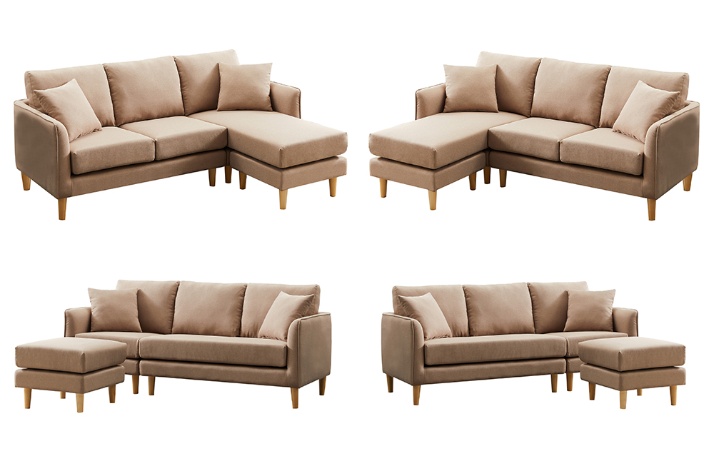 Polyester Fabric L-shaped Corner Sofa with 2 Pillows and Ottoman for Living Room, Bedroom, Office, Apartment - Brown