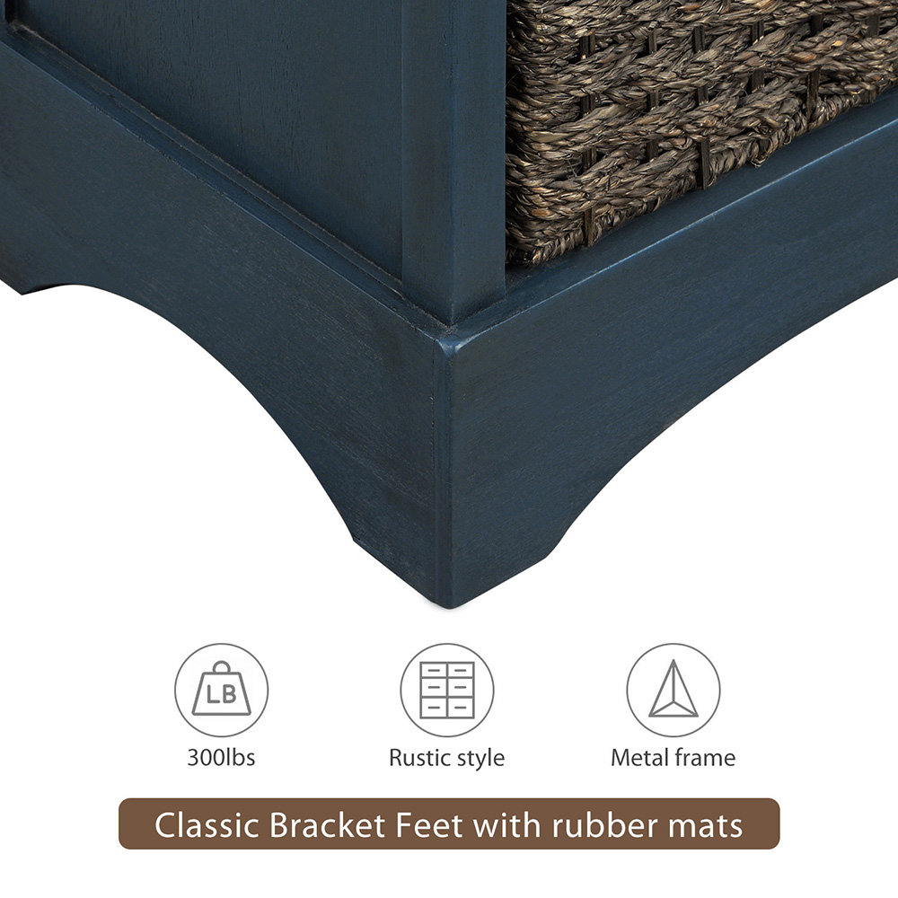 TREXM 28" Rustic Wooden Console Table with 2 Drawers and 4 Storage Rattan Baskets, for Entrance Hallway, Dining Room, Kitchen - Navy