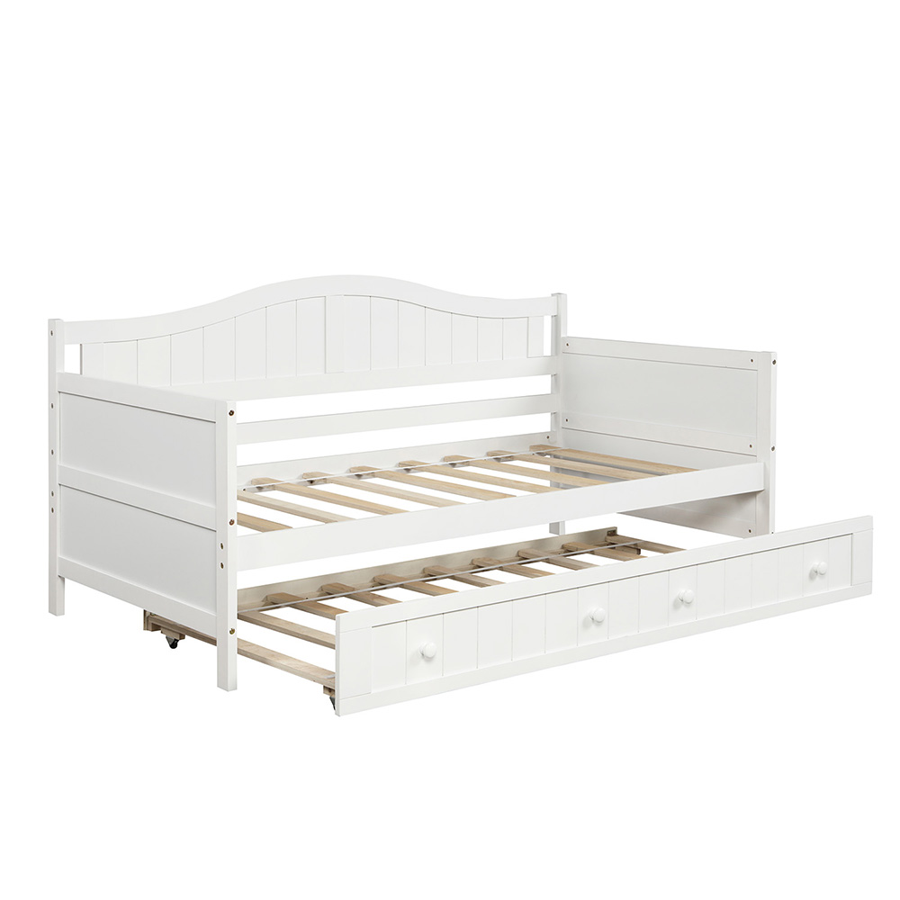 Twin-Size Wooden Platform Daybed Frame with Trundle Bed and Wooden Slats Support - White