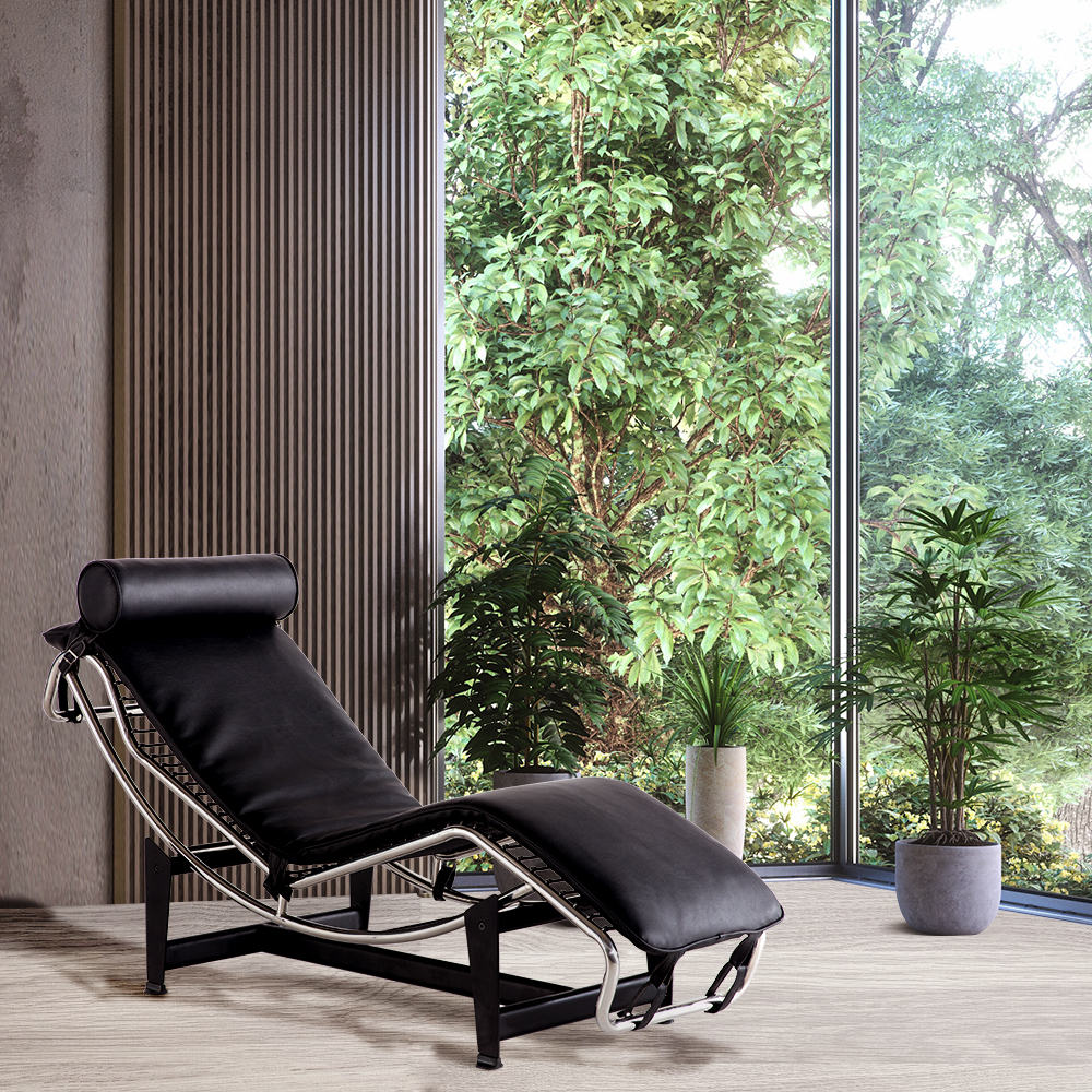 Le Corbusier LC-4 Style Recliner, Stainless Steel Frame with Adjustable Headrest, for Hotel, Club, Villa, Living Room, Lounge - Black