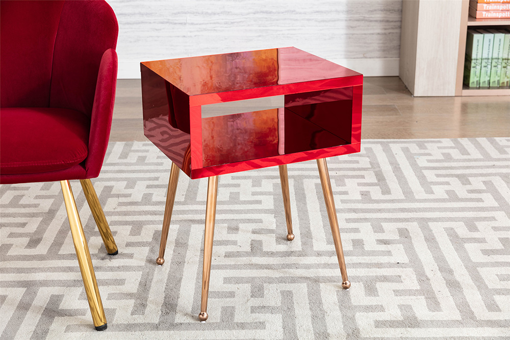 COOLMORE Mirror Bedside Table End Table with Metal High Legs for Living Room, Bedroom, Office, Dressing Room - Red