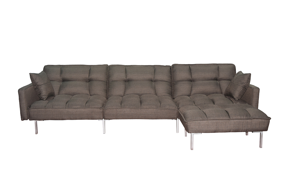 4-Seat Polyester Fabric Combination Sofa Bed with 2 Pillows and Reversible Ottoman for Living Room, Bedroom, Office, Apartment - Brown